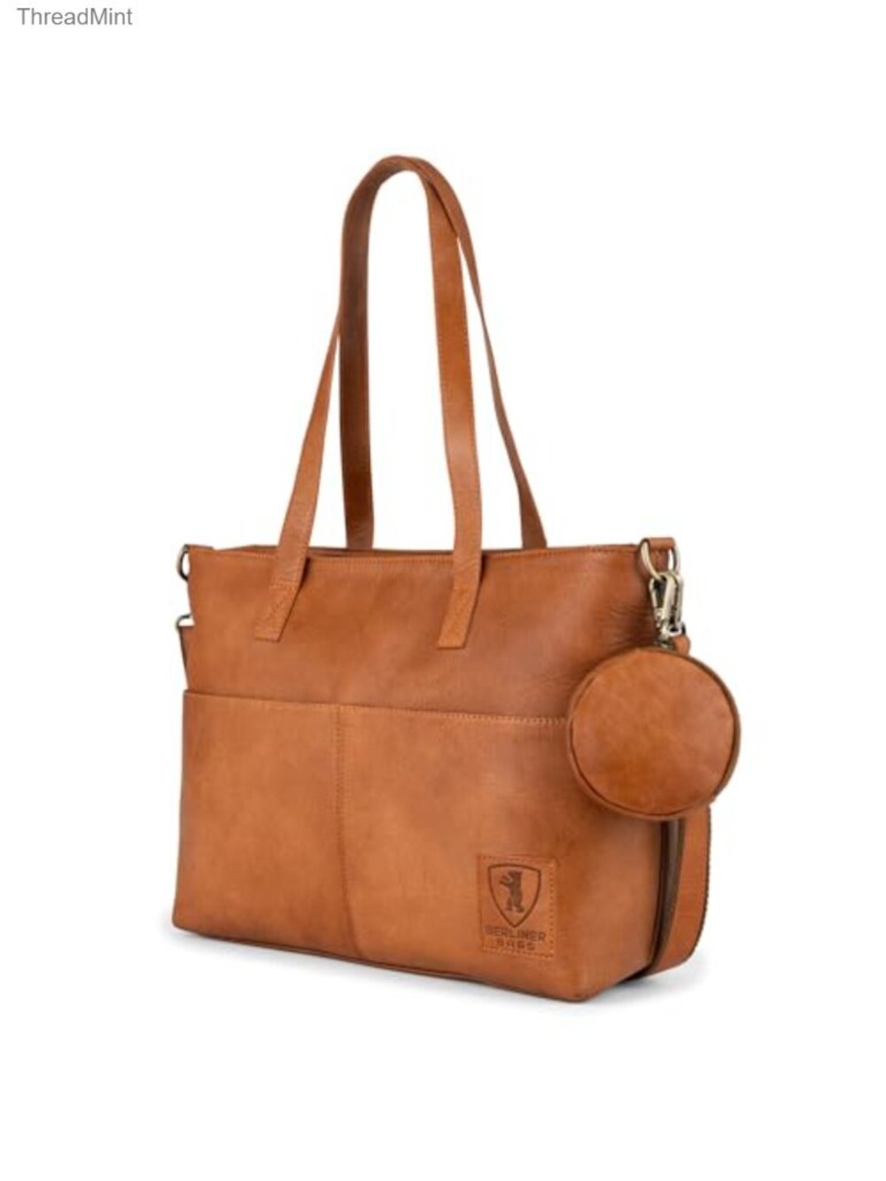 Genuine Leather Tote Handbag - Vegetable-Tanned with Detachable Pouch, Fits 14"